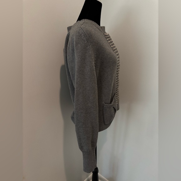 J CREW Gray Cotton Pewter/Silver Studded 2 Front Pocket Cardigan Sweater Medium - Picture 4 of 10